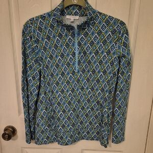 Talbots Blue and Yellow Geometric 3/4 Zip Long Sleeve Casual Top